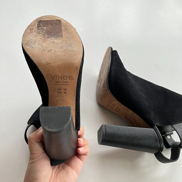VINCE MADE IN ITALY BLACK SUEDE HIGH HEELED ANKLE BOOTS OPEN TOE WOMENS SIZE 9M - Picture 9 of 9